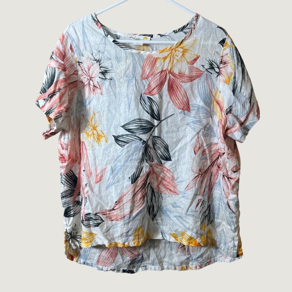 C&C California 100% Linen Tropical Floral Top 1X Coastal Resort Summer Boho Top